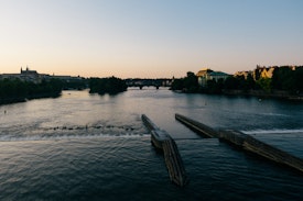 A weir looking north on the river at sunset