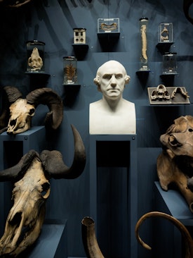 A bust and animal skulls