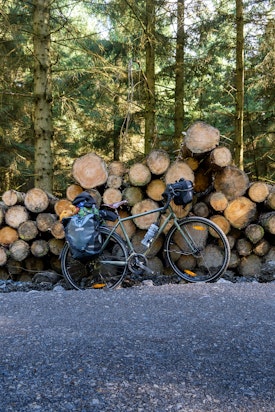 My bike against a pile of logs